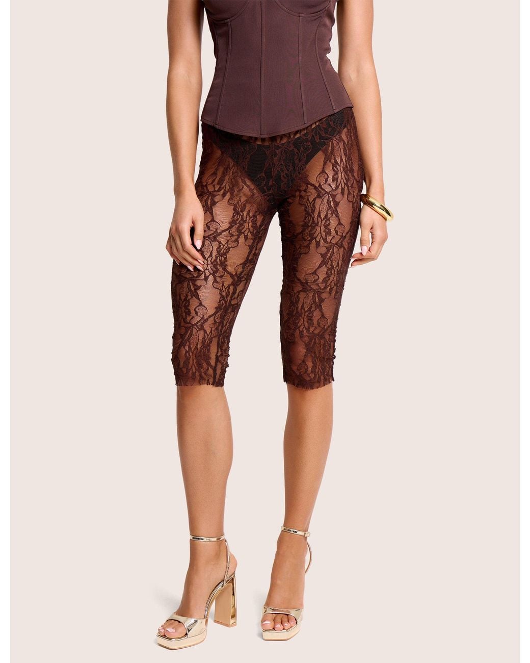 Public Desire Natural High Waist Sheer Floral Lace Capri Pants Brown