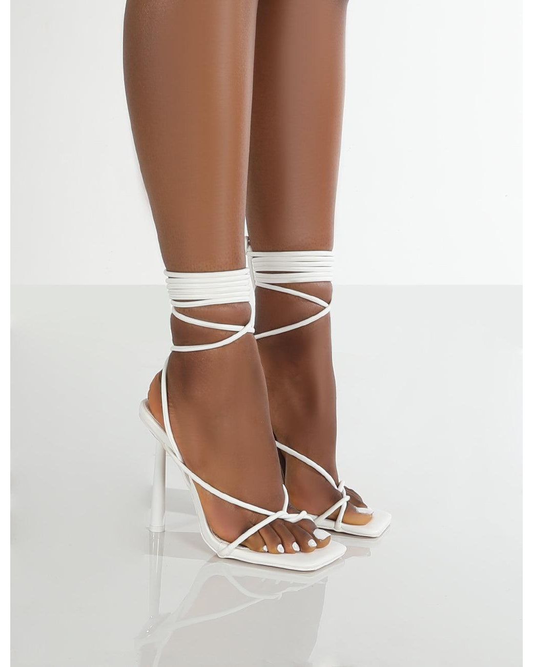 Public Desire Lacey Wide Fit White Pu Square Toe Strappy Lace Up Heels