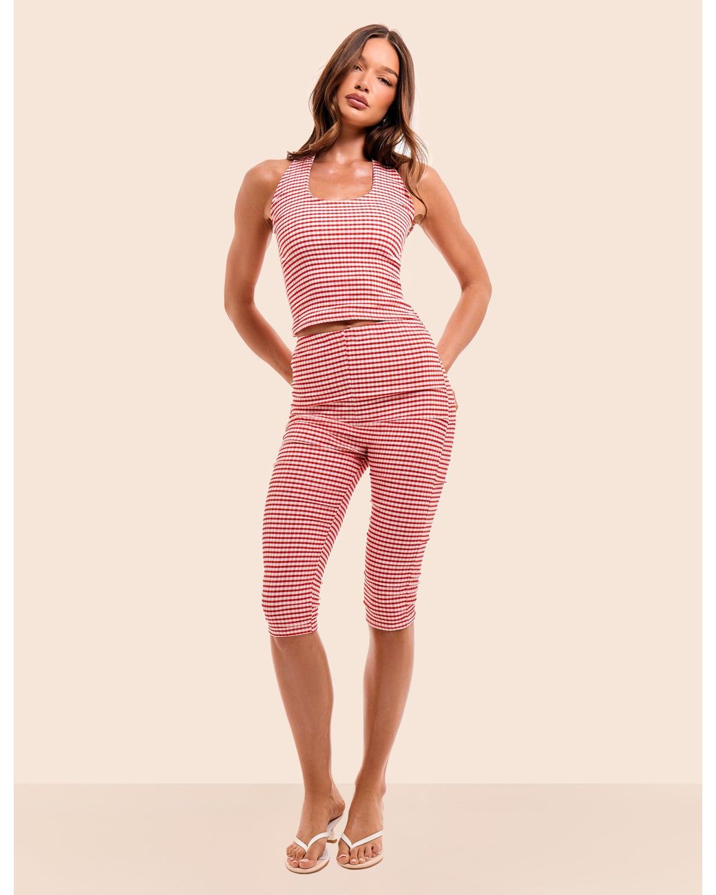 Public Desire Pink Mid Rise Gingham Capri Pant Red And White
