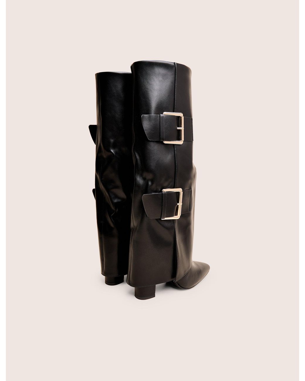 Public Desire River Black Double Buckle Detail Pu High Knee Boots