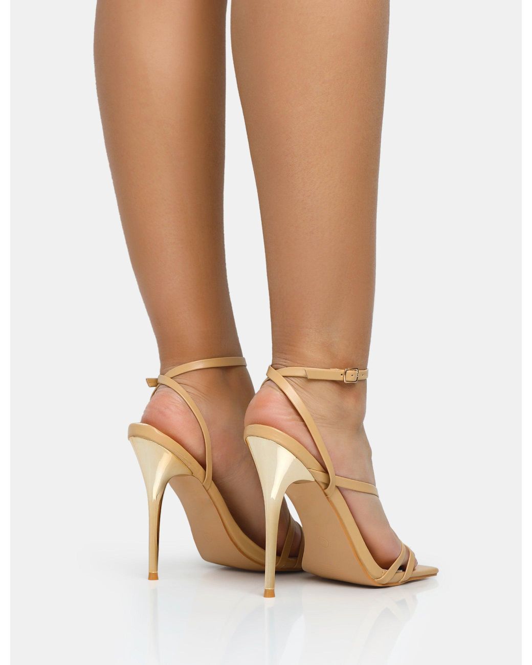 Public Desire Brown Fillipa Nude Pu Strappy Square Toe Metal Stiletto Heels