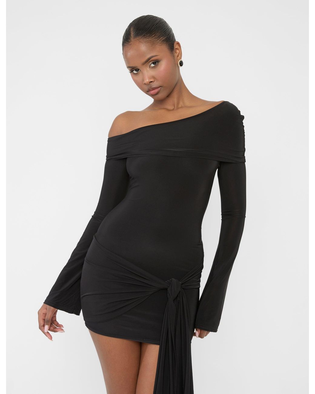 Public Desire Knot Drape Detail Slinky Long Sleeve Mini Dress Black
