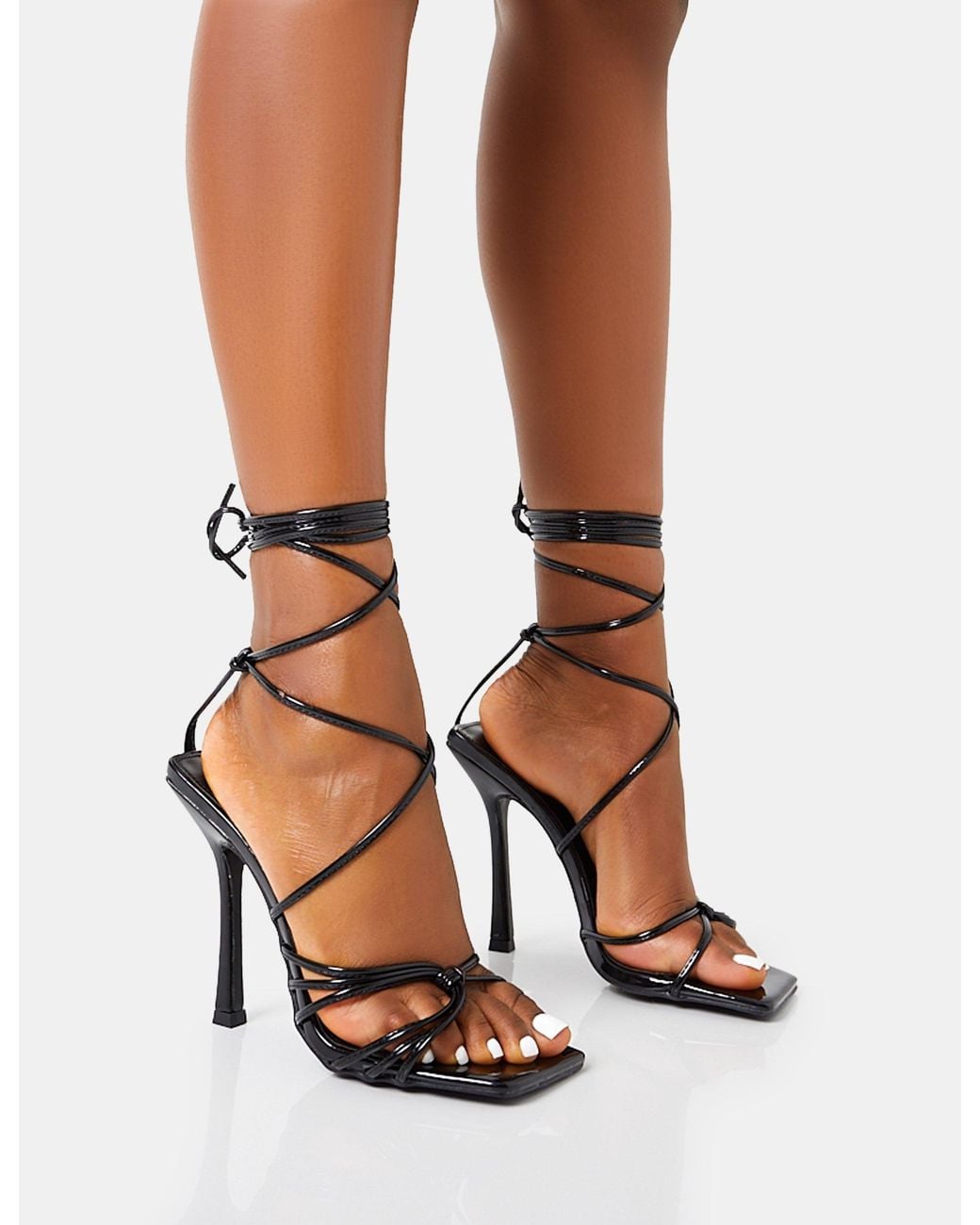 Public Desire Brown Solange Wide Fit Black Patent Lace Up Strappy Square Toe High Heels