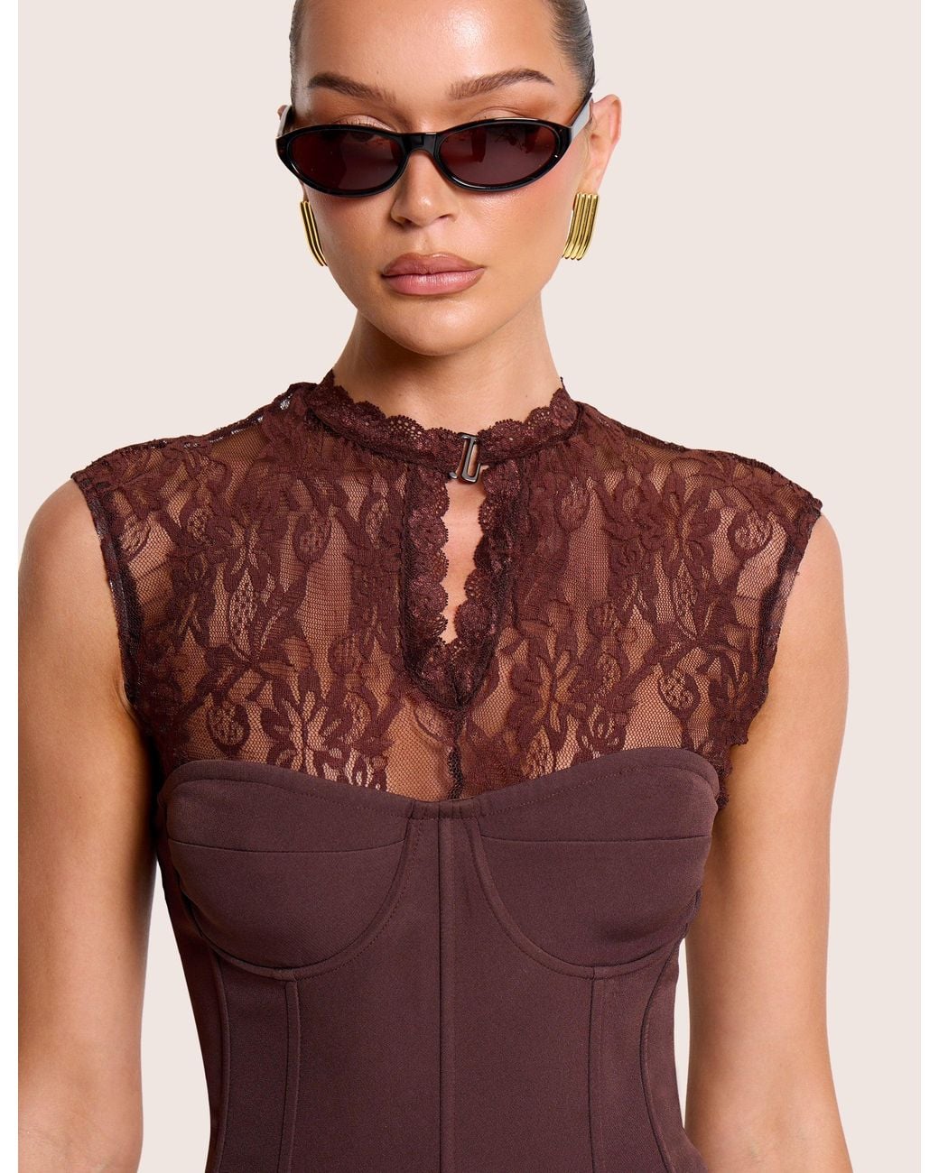Public Desire Red Short Sleeve Sheer Floral Lace Co Ord Top Brown