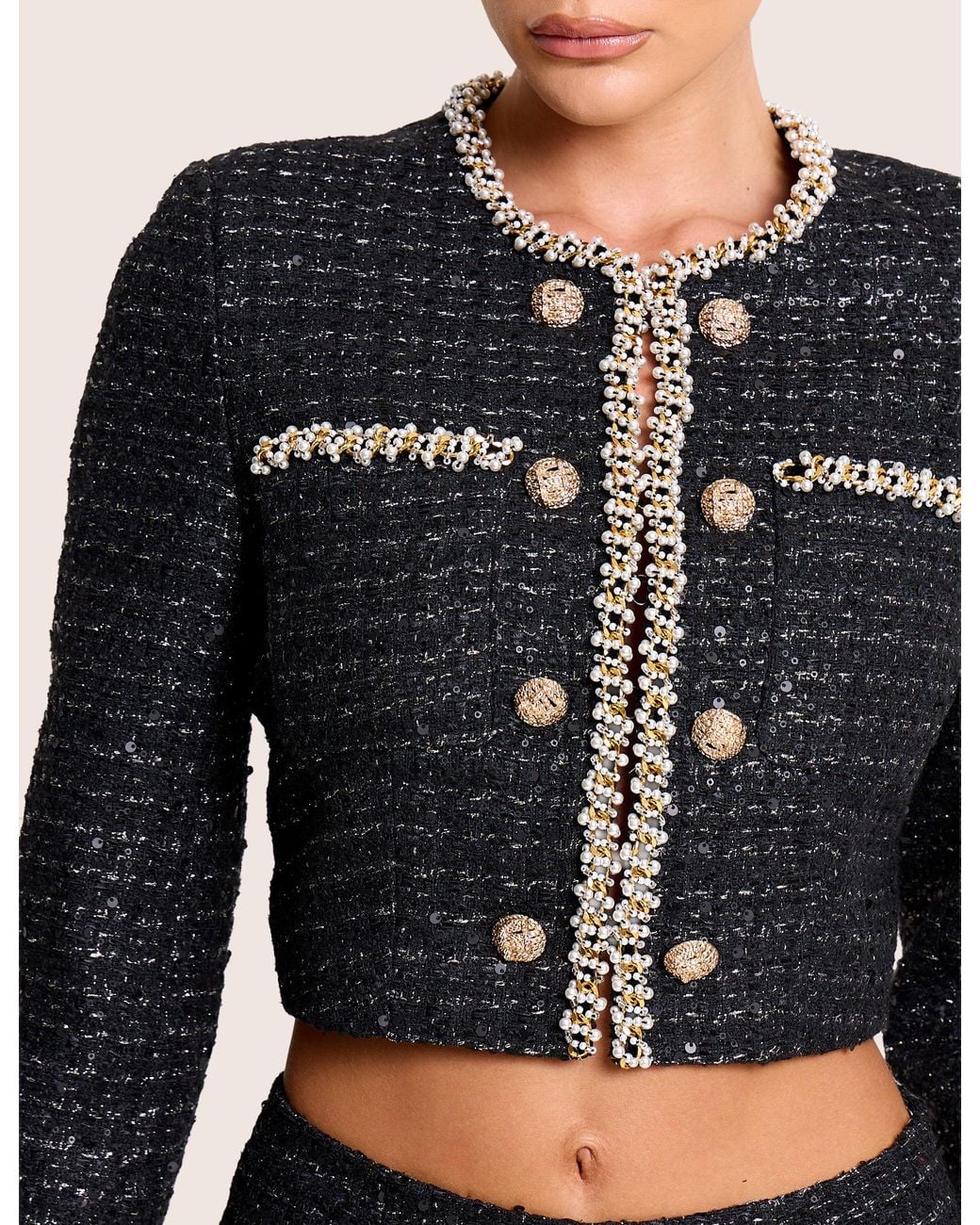 Public Desire Cropped Long Sleeve Boucle Gold Button Detail Blazer Black