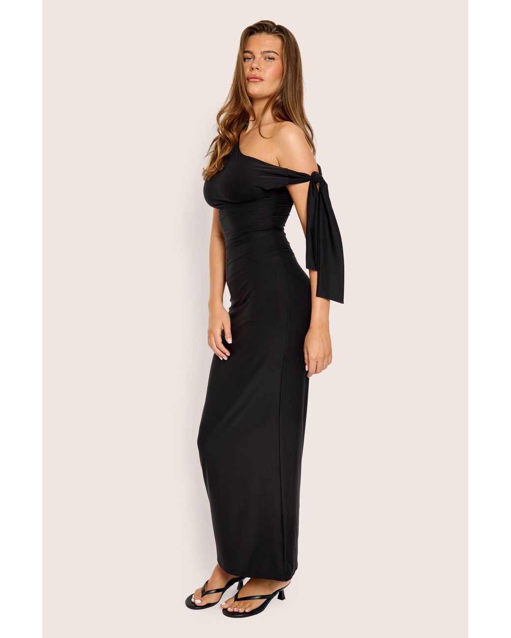 Public Desire Knot Detail Asymmetric One Shoulder Luxe Slinky Maxi Dress Black