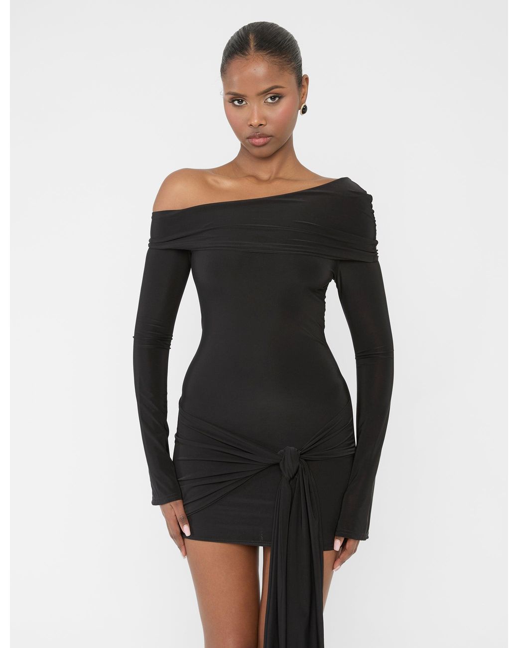Public Desire Knot Drape Detail Slinky Long Sleeve Mini Dress Black