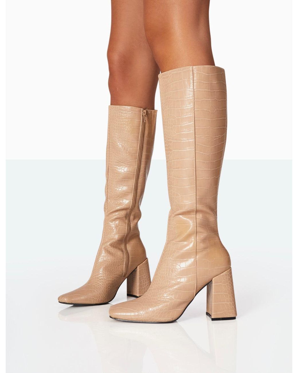 Public Desire White Apology Nude Patent Croc Knee High Block Heel Boots