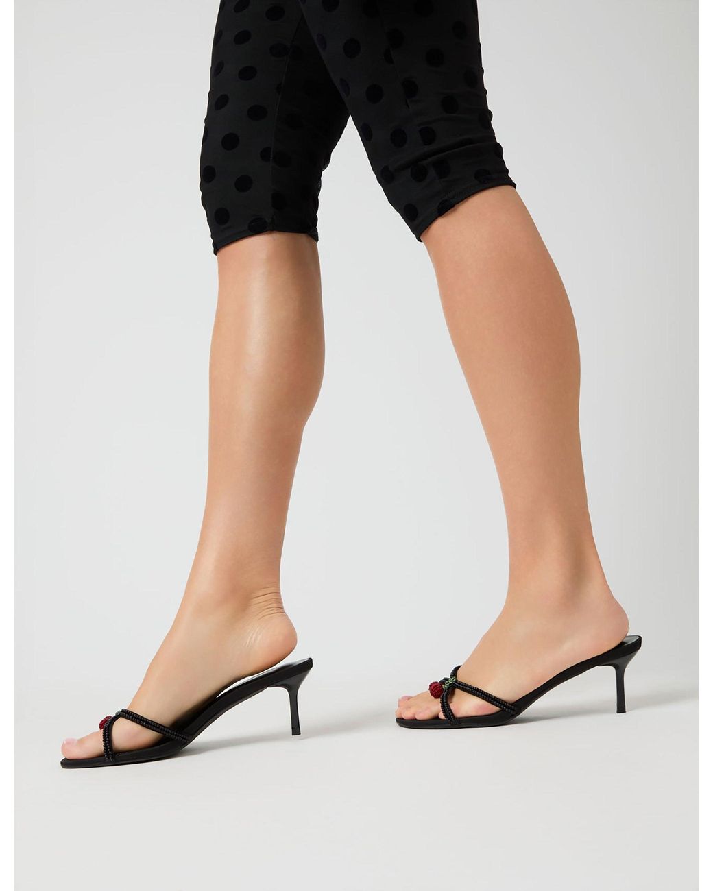 Public Desire Fructose Black Satin Beaded Cherry Charm Cross Over Mule Mid Heels