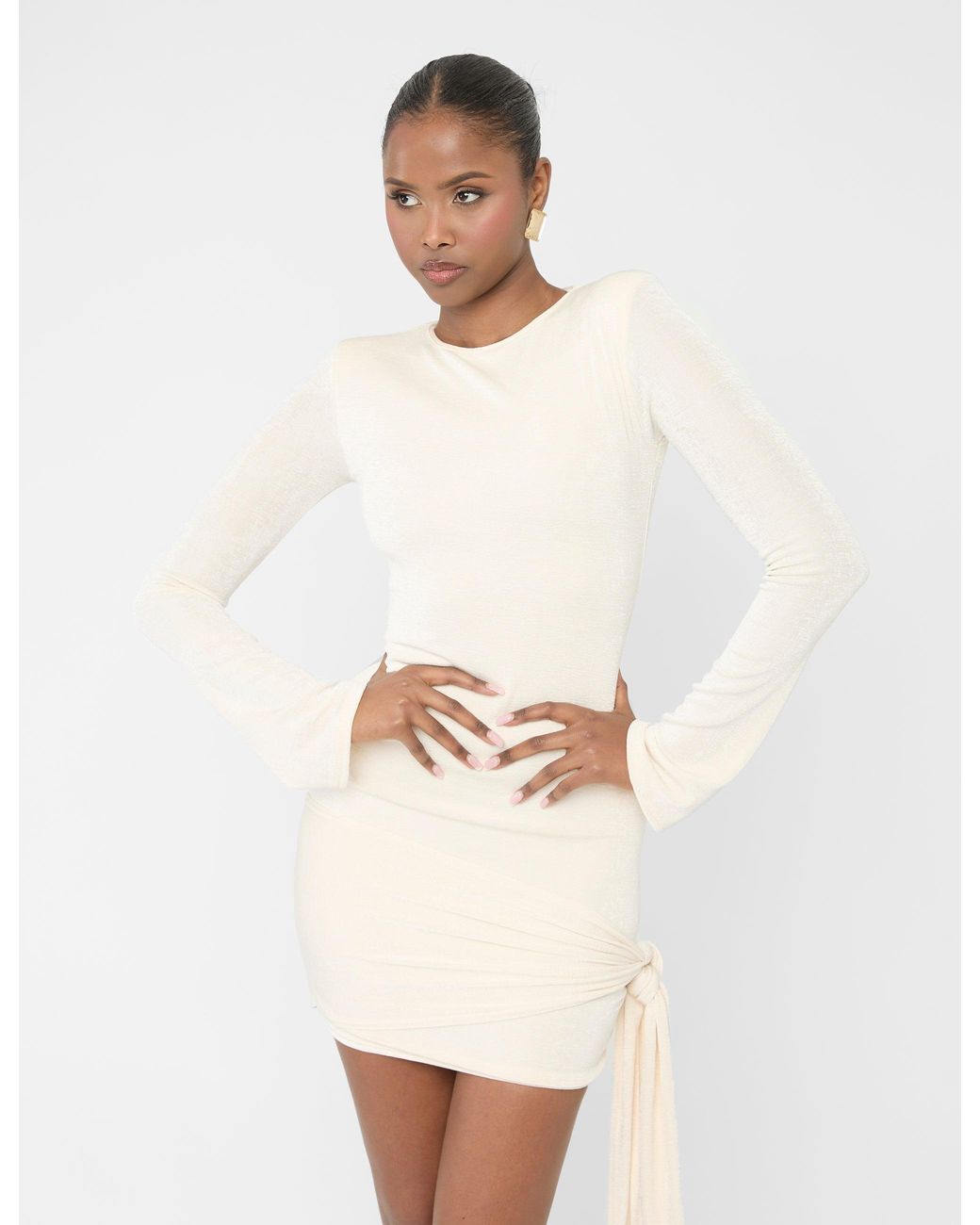 Public Desire White Knot Drape Padded Shoulder Long Sleeve Mini Dress Cream