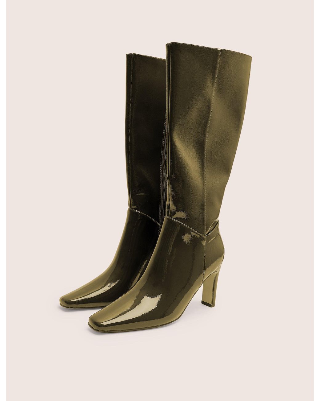 Public Desire Pose Dark Green Zip Up Knee High Slim Block Heeled Boots
