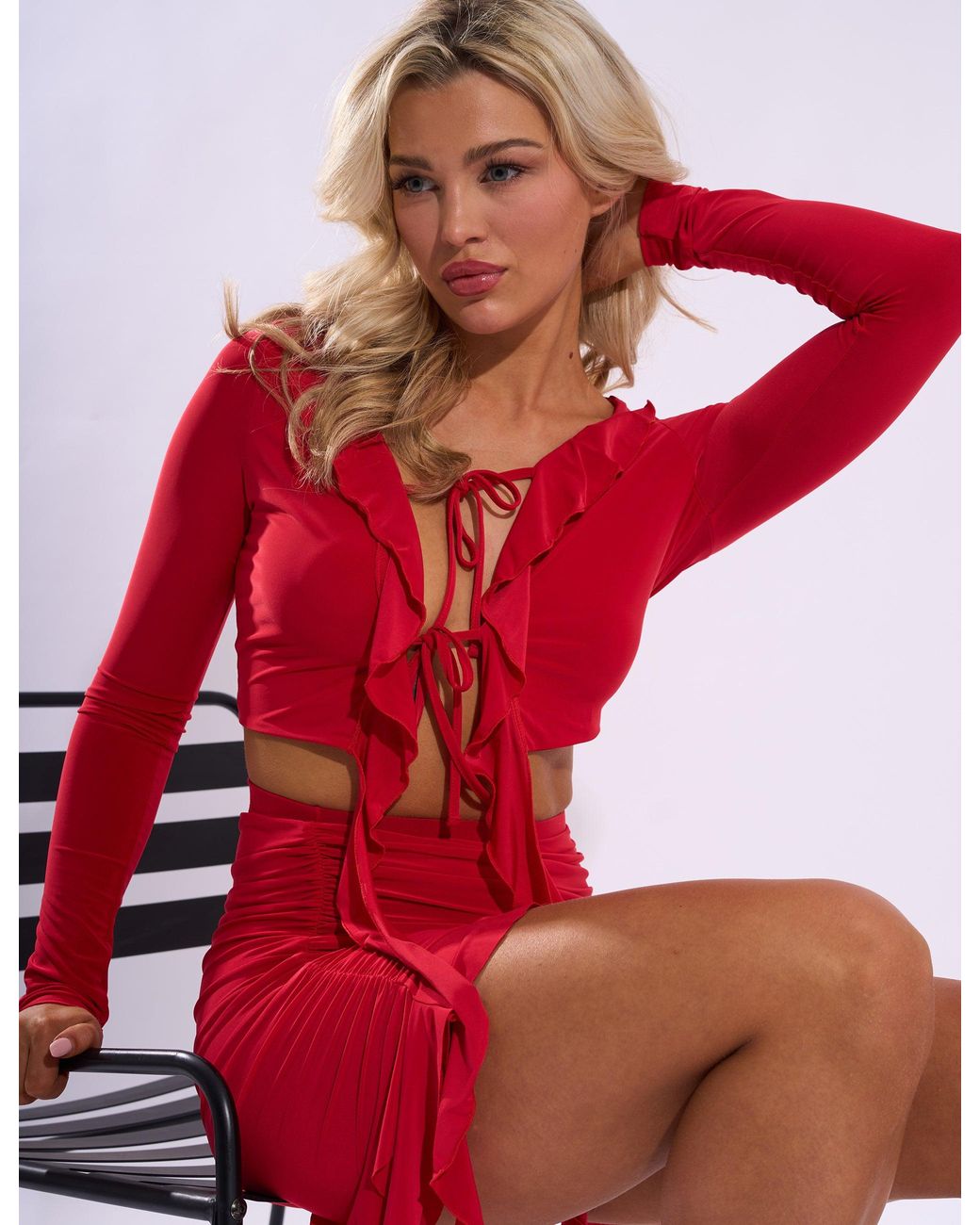 Public Desire Frill Detail Tie Front Cardigan Top Red