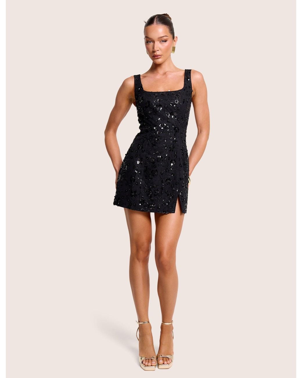 Public Desire Embellished Floral Sequin Square Neck Mini Dress Black