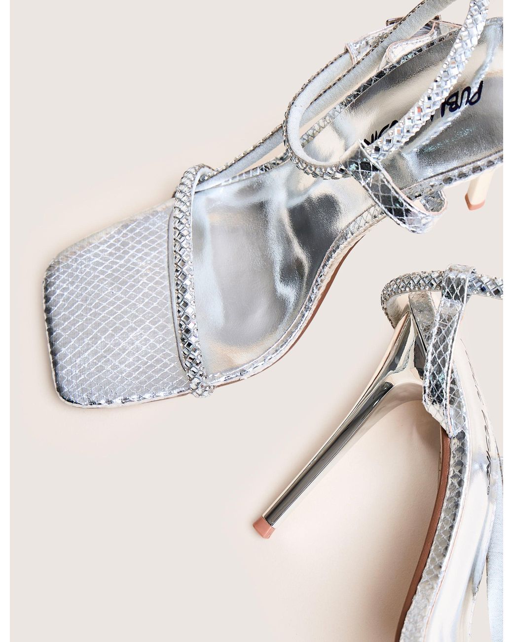 Public Desire Natural Last Night Silver Snake Pu Diamante Strap Stiletto High Heels