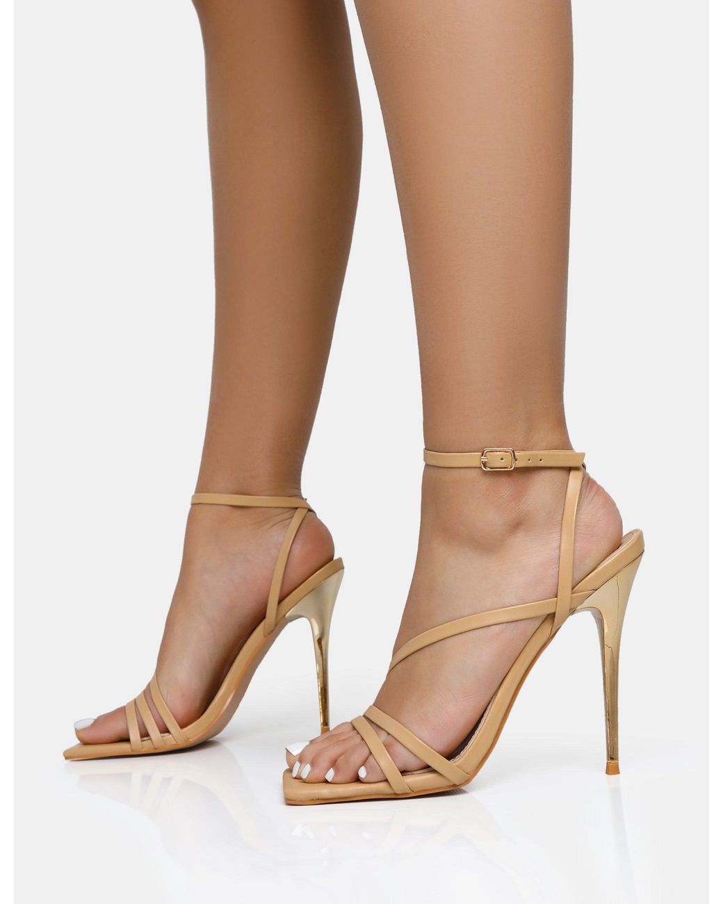 Public Desire Brown Fillipa Nude Pu Strappy Square Toe Metal Stiletto Heels