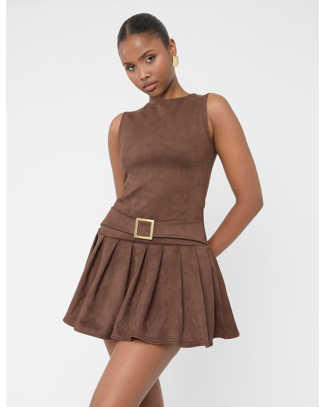 Public Desire Suedette Buckle Detail Pleated Mini Dress Brown