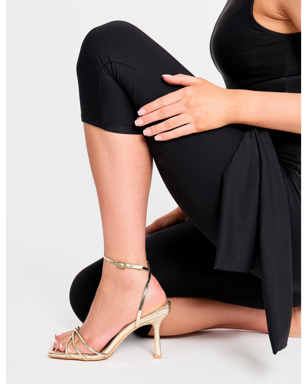 Public Desire Black Fizzy Gold Mirror Pu Square Toe Padded Insole Strappy Barely There