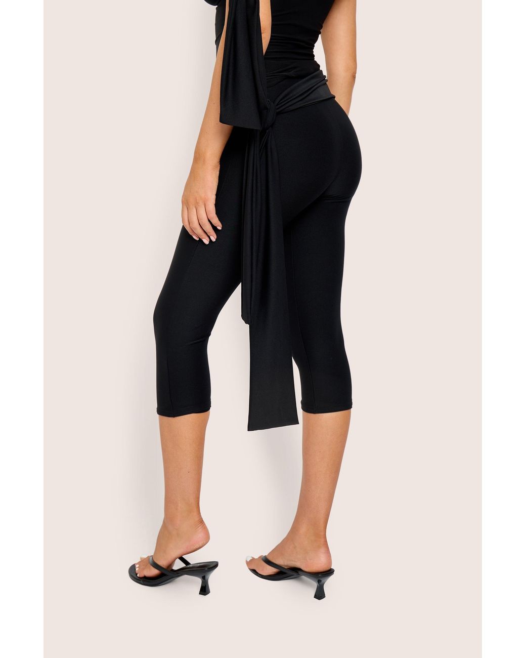 Public Desire Blue Knot Detail Tie Side Luxe Slinky Capri Pants Black