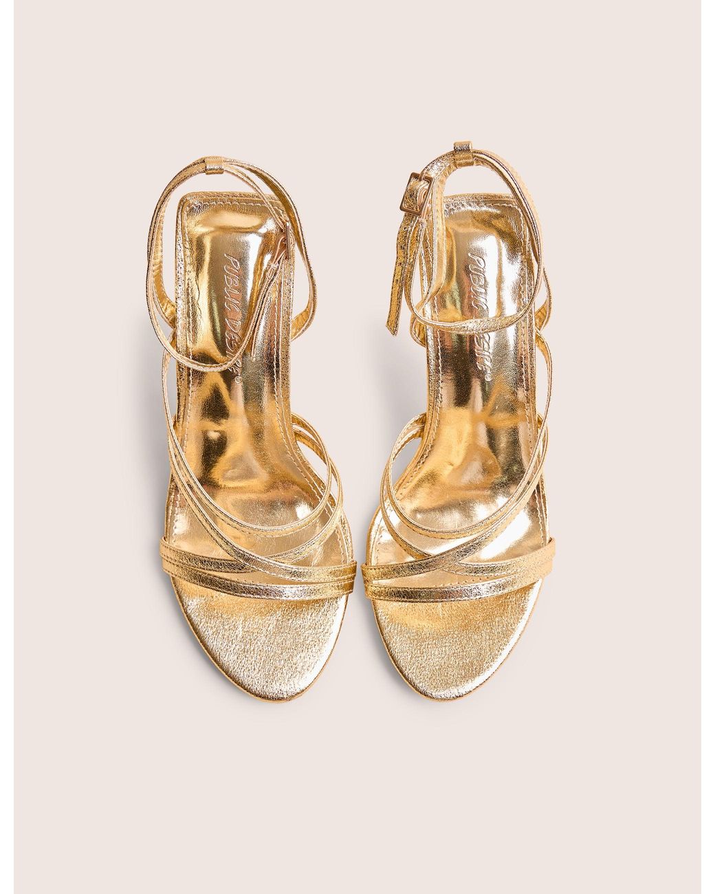 Public Desire Brown Free Spirit Wide Fit Gold Strappy Round Toe Mid Heels
