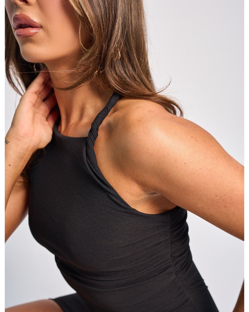 Public Desire Twist Shoulder Luxe Slinky Mini Dress Black