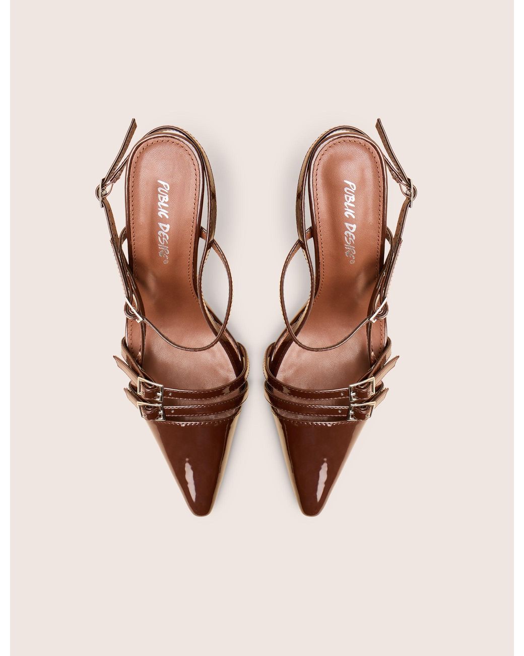 Public Desire Natural Sushi Brown Patent Buckle Detail Slingback Court Shoes