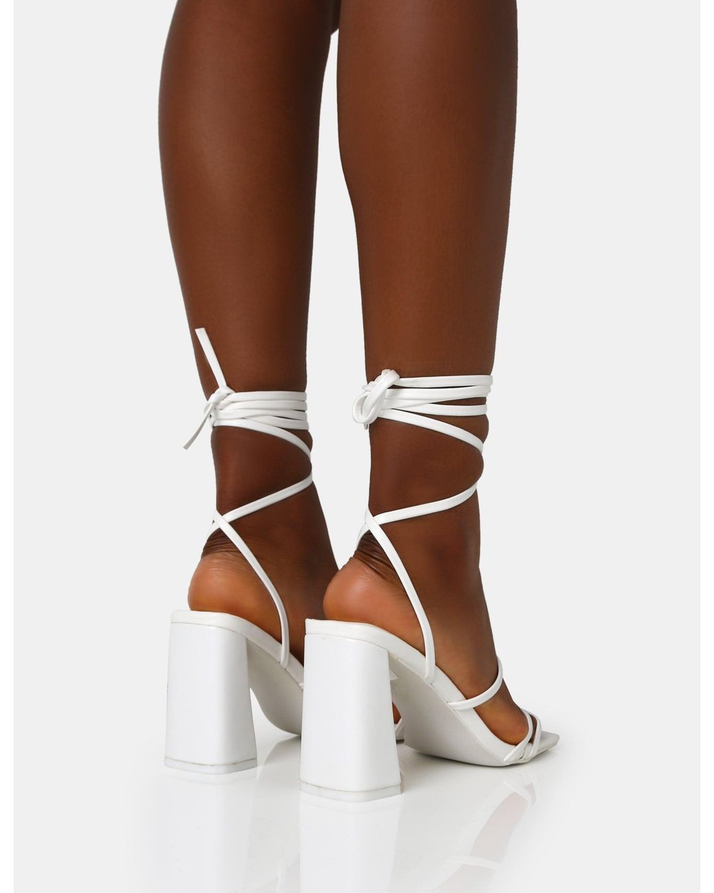 Public Desire Brown Natty White Pu Lace Up Square Toe Mid Block Heels