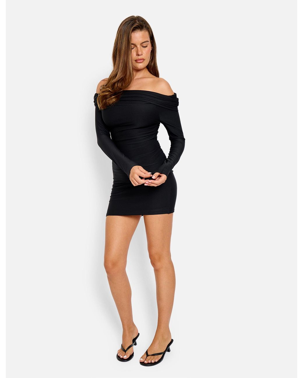 Public Desire Red Off The Shoulder Luxe Slinky Mini Dress Black