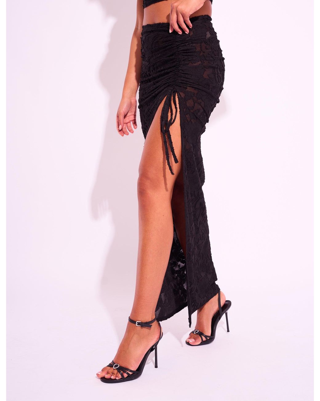 Public Desire Tie Detail Textured Floral Split Maxi Skirt Black