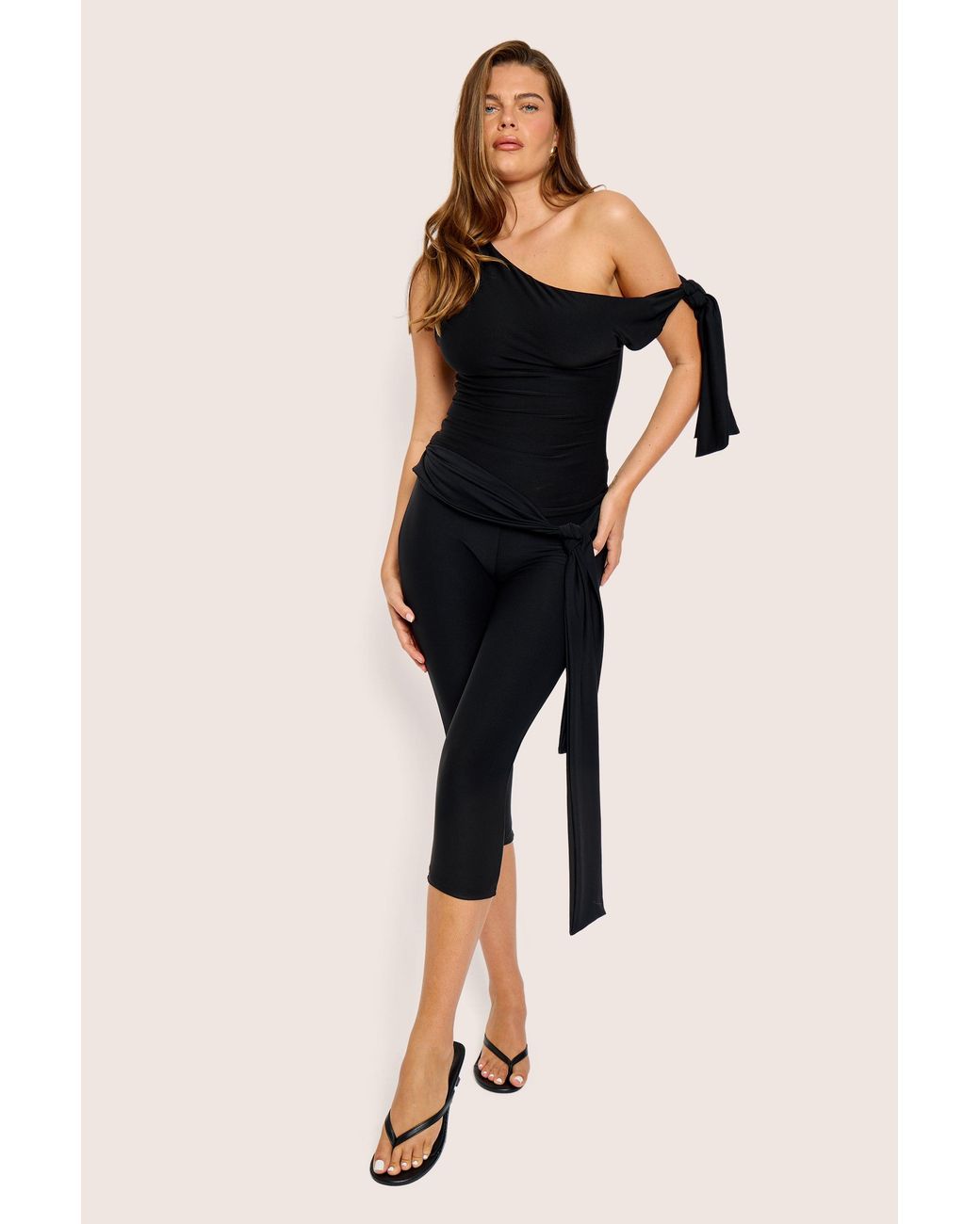 Public Desire Blue Knot Detail Asymmetric One Shoulder Luxe Slinky Top Black