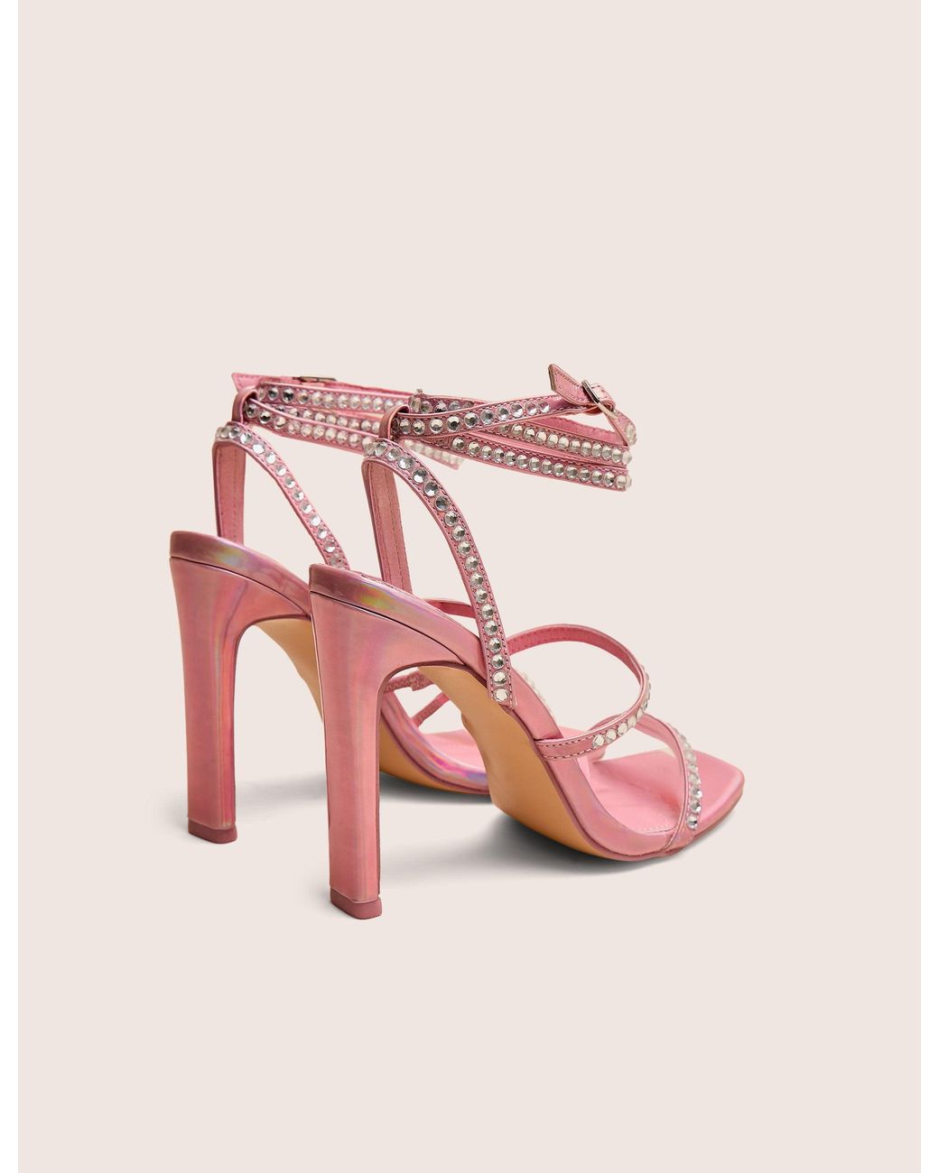 Public Desire Ultra Chic Pink Diamante Strappy Square Toe Slim Block Illusion Heel