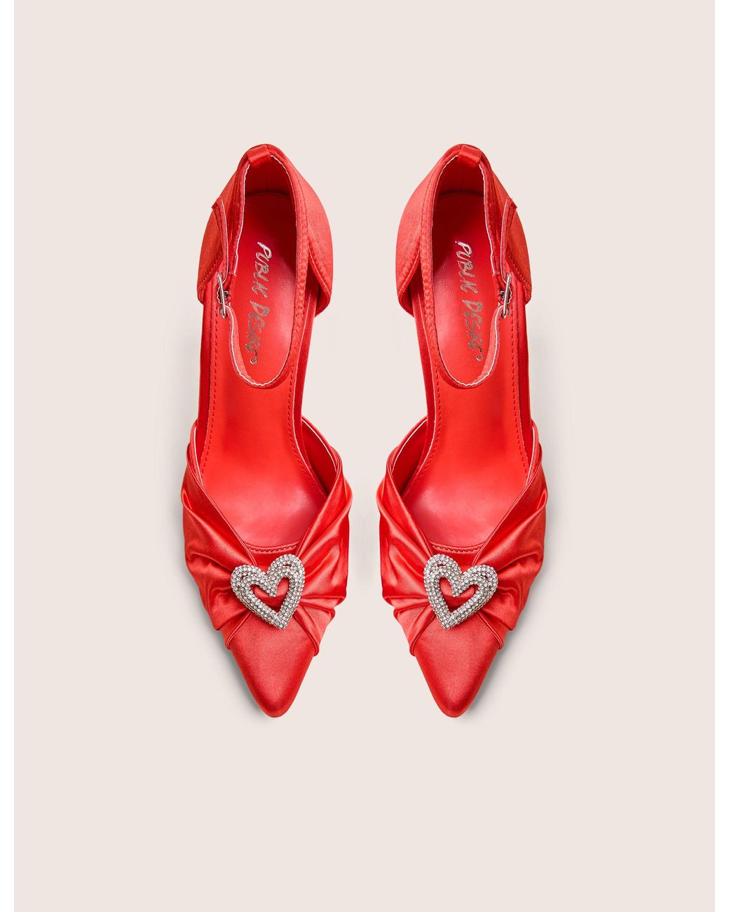 Public Desire Meant To Be Red Satin Diamante Heart Court Stiletto Heel
