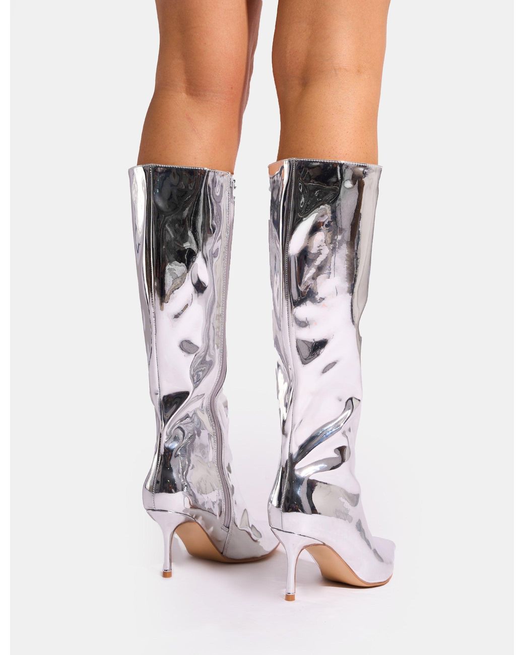 Public Desire White Amped Mirror Silver Pointed Toe Mid Heel Knee High Boots