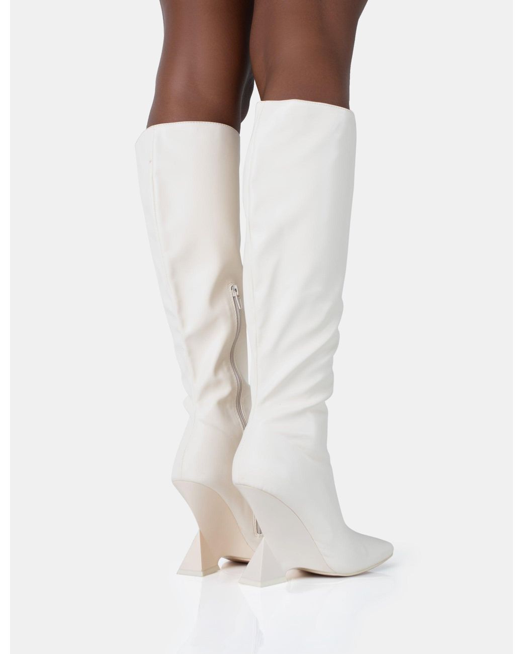 Public Desire White Vanessa Ecru Pu Inverted Wedge Square Toe Heeled Knee High Boots