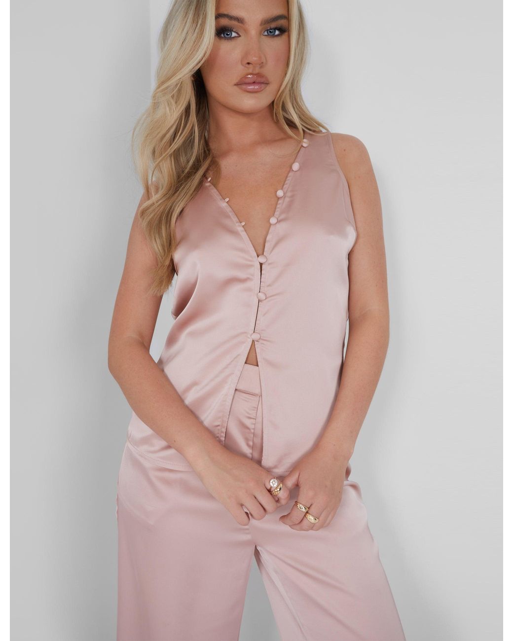 Public Desire Button Detail Satin Waistcoat Top Pink