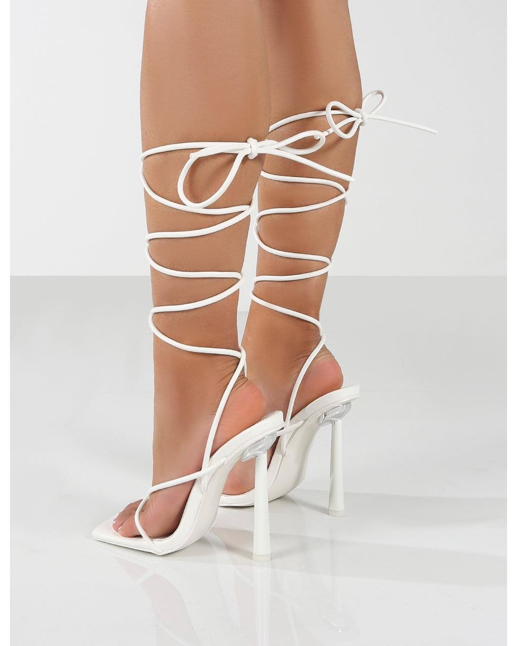 Public Desire Lacey Wide Fit White Pu Square Toe Strappy Lace Up Heels