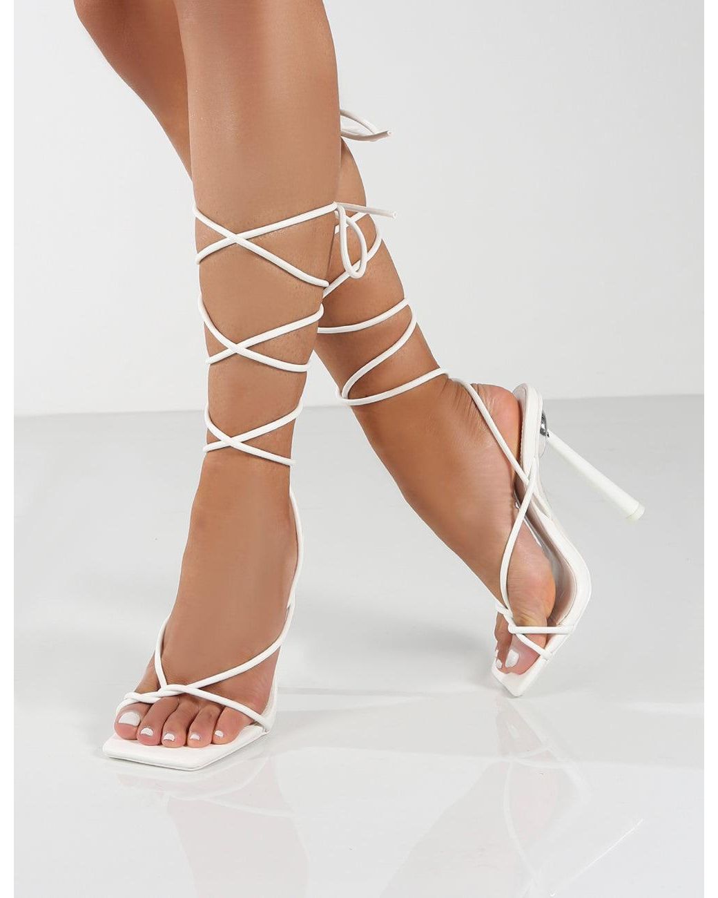 Public Desire Lacey Wide Fit White Pu Square Toe Strappy Lace Up Heels