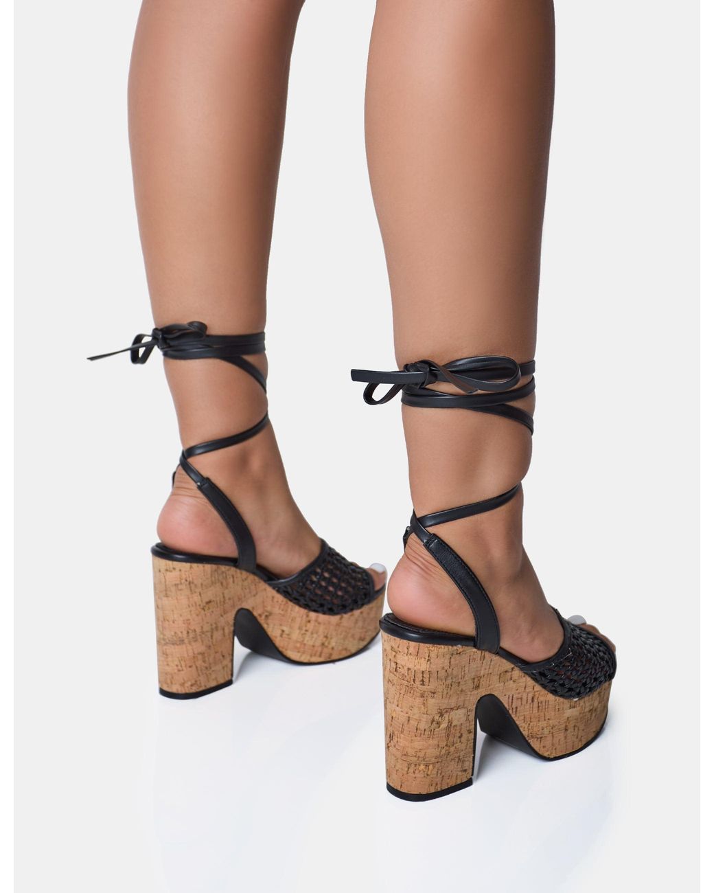 Public Desire Jos Black Wide Fit Netted Lace Up Cork Platform Sandals