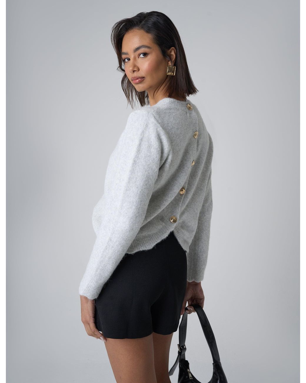Public Desire Gray Gold Button Detail Knit Cardigan Grey