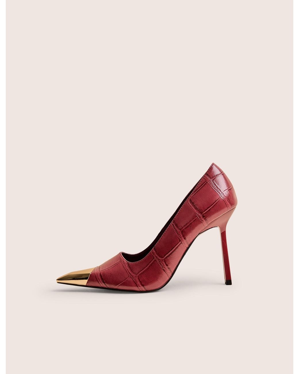 Public Desire Pink Rotate Burgundy Croc Gold Toe Detail Court High Heels