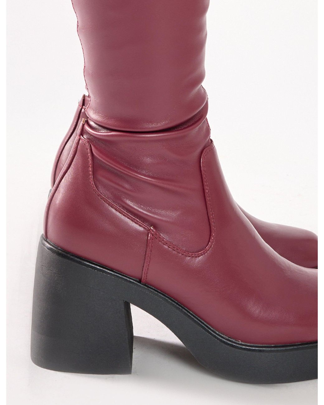 Public Desire Sensored Burgundy Chunky Sole Sock Over The Knee Boots