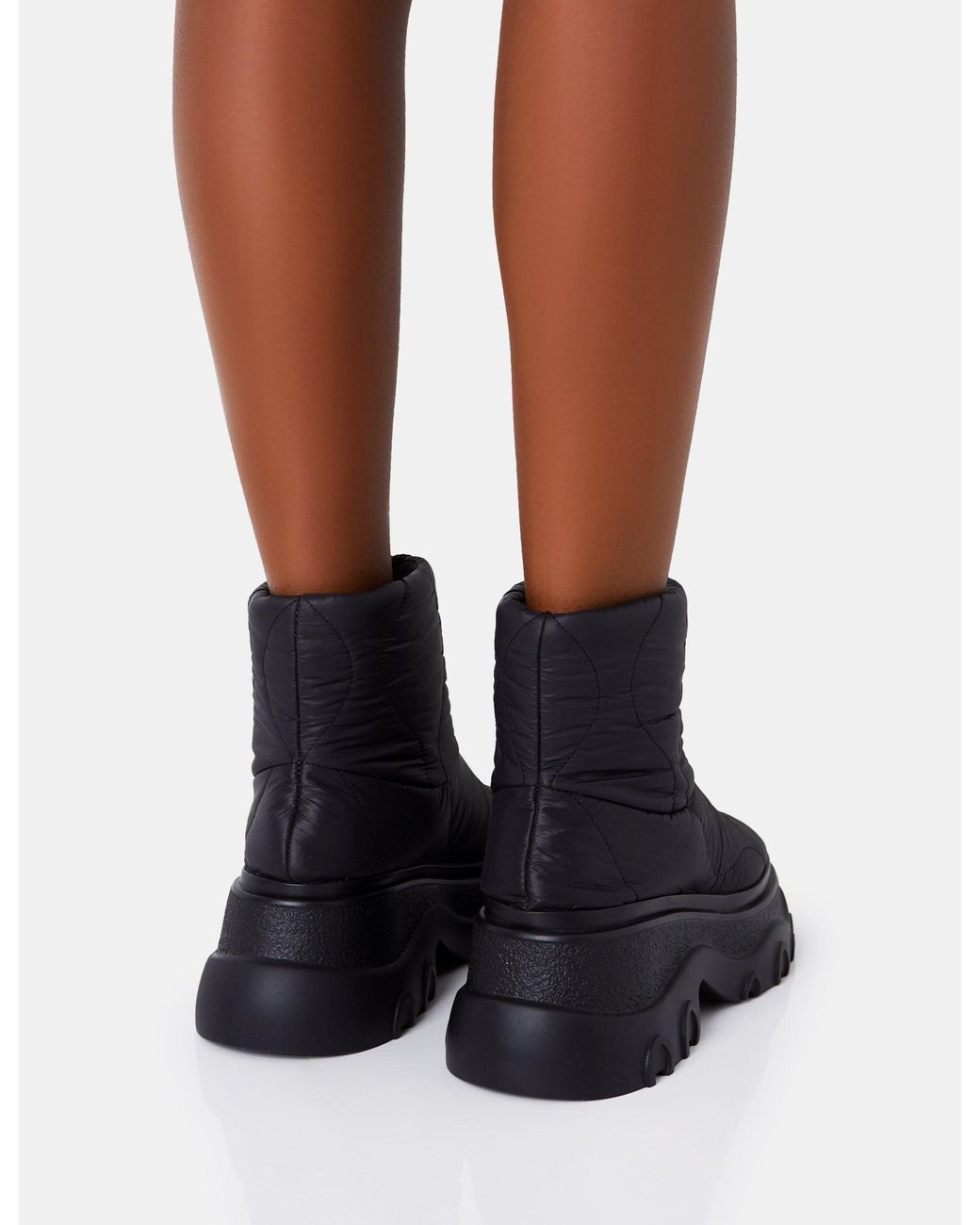 Public Desire Frostbite Black Nylon Quilted Chunky Sole Ankle Boots