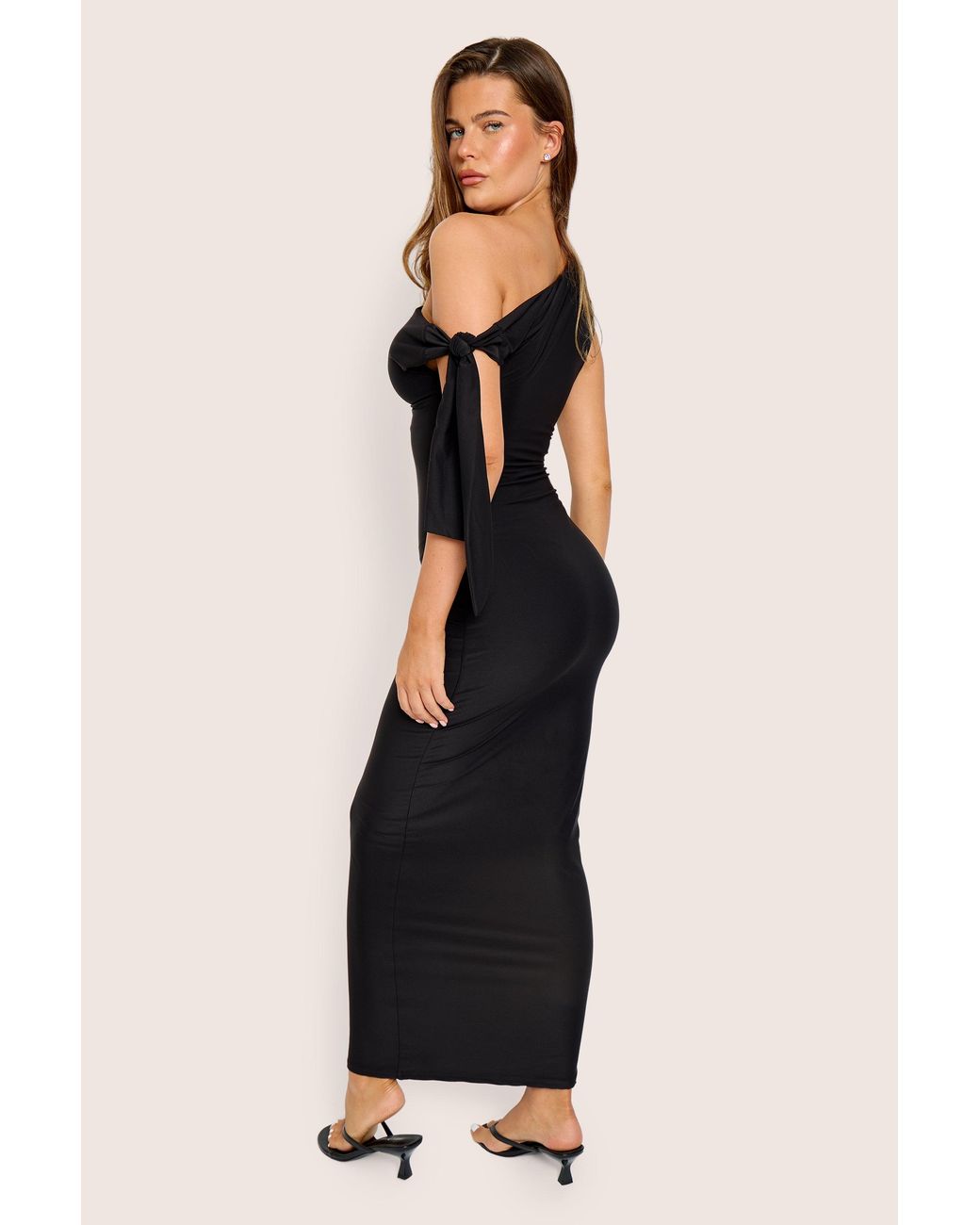 Public Desire Knot Detail Asymmetric One Shoulder Luxe Slinky Maxi Dress Black