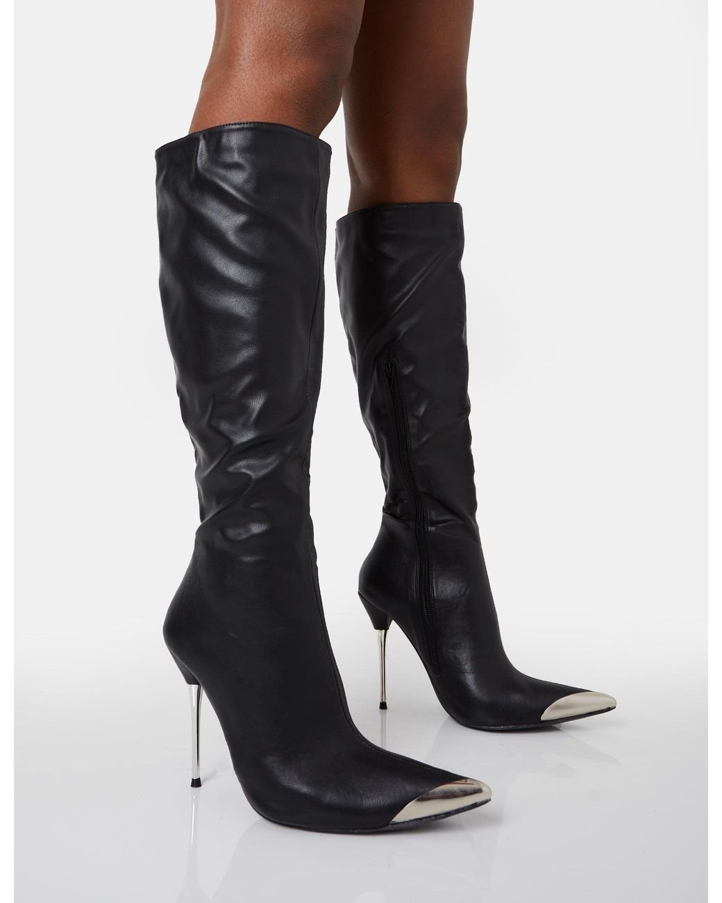 Public Desire Finery Black Pu Metal Toe Capped Zip Up Knee High Stiletto Boots