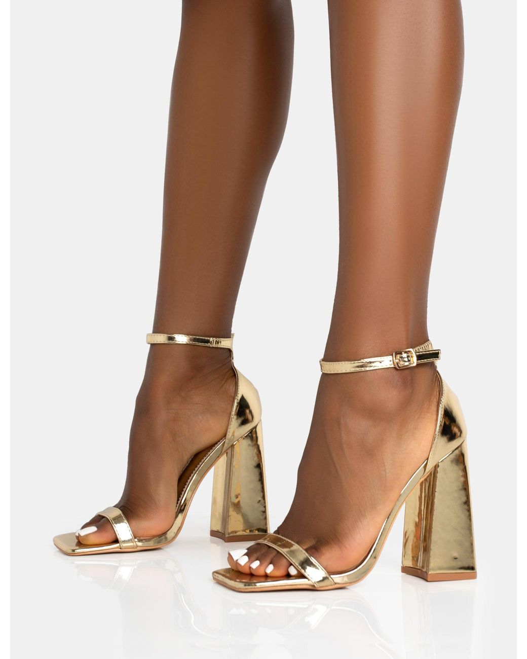 Public Desire Brown Geri Gold Pu Barely There Square Toe Block Heels