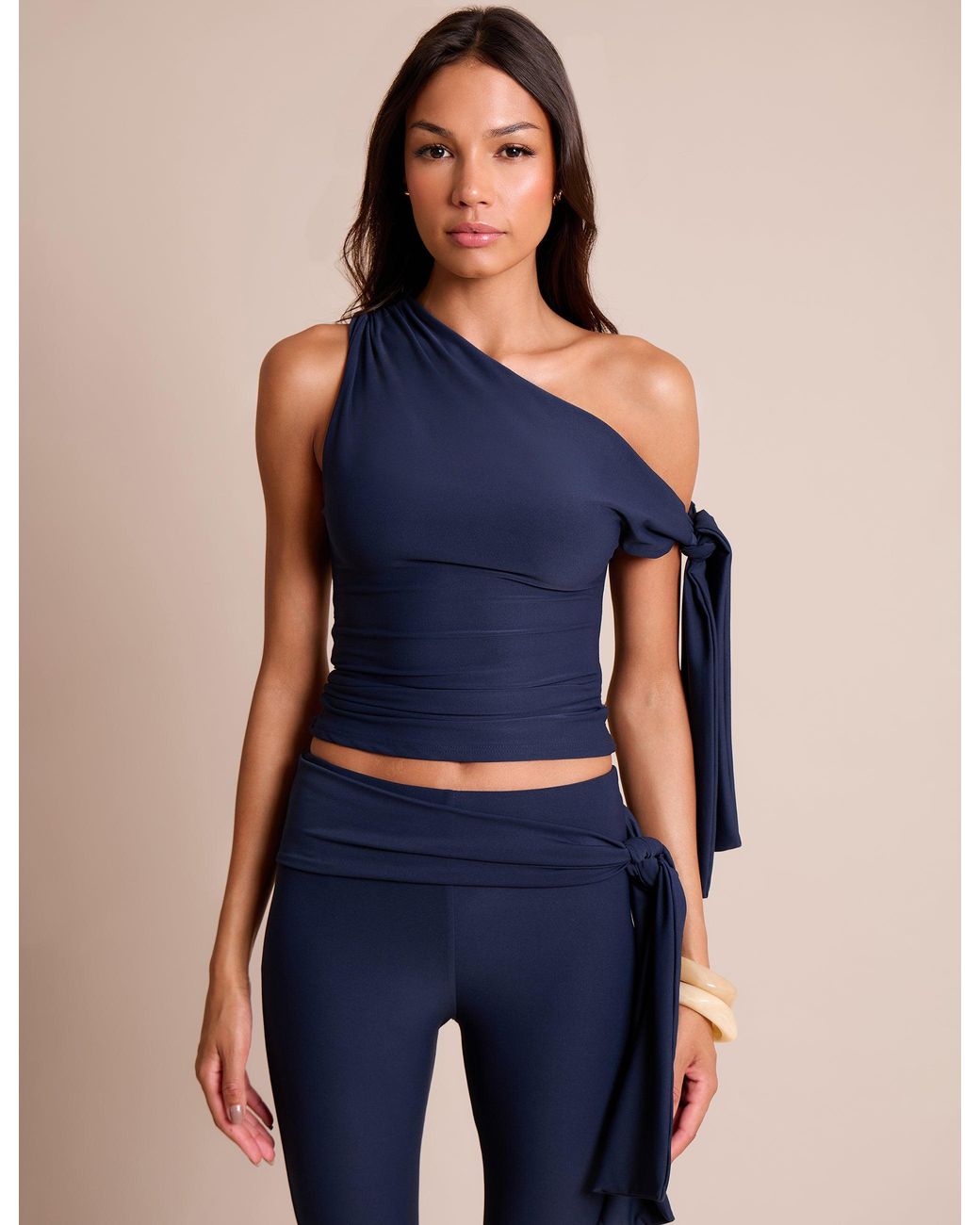 Public Desire Blue Knot Detail Asymmetric One Shoulder Luxe Slinky Top Navy