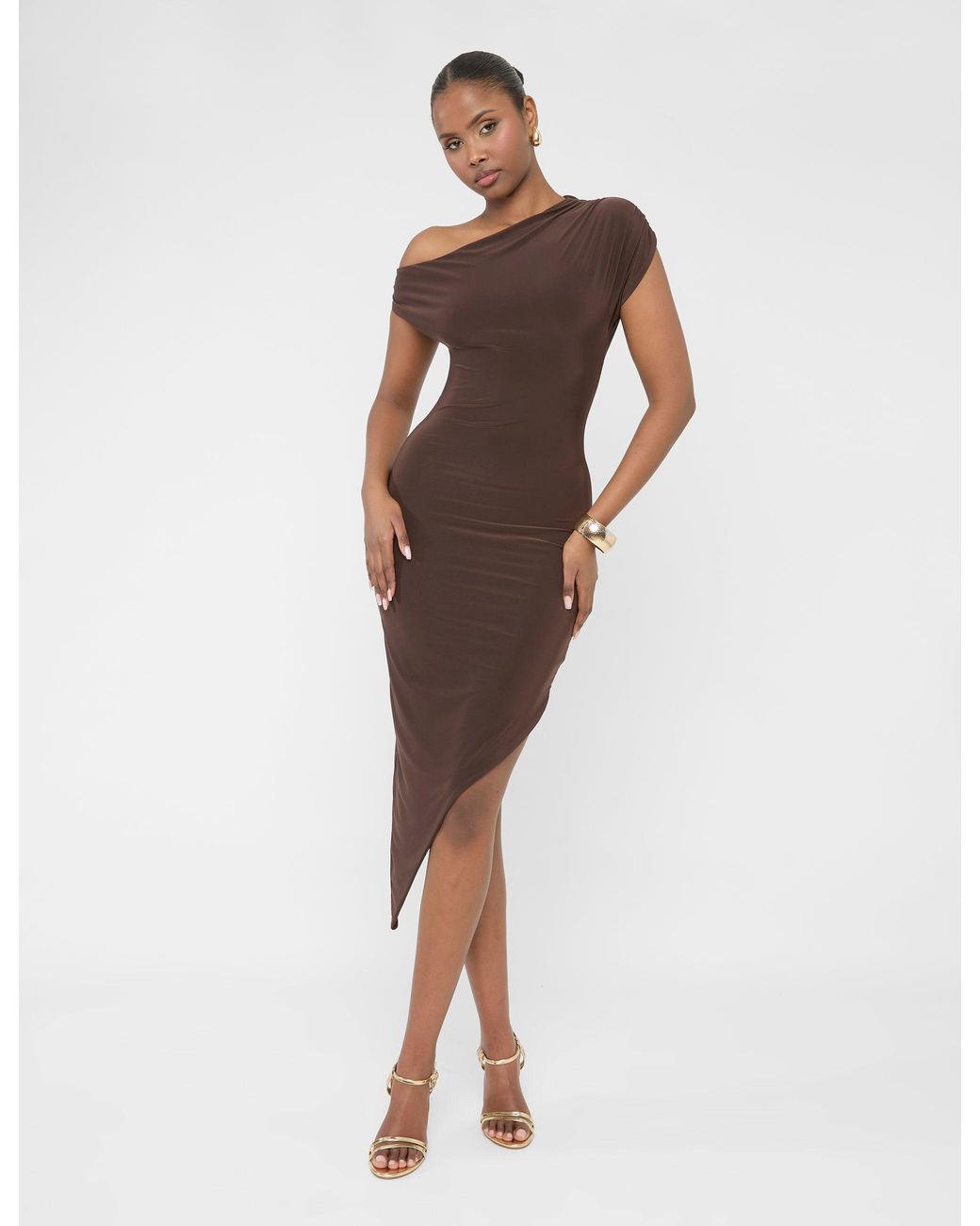Public Desire Multicolor Asymmetric Off The Shoulder Drape Slinky Maxi Dress Chocolate