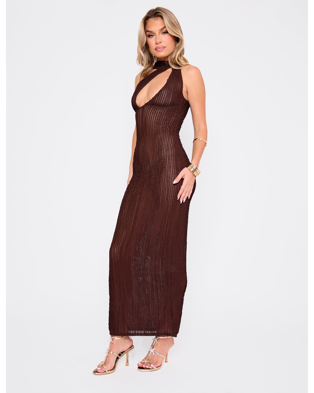 Public Desire Textured Scarf Detail Cut Out Maxi Dress Chocolate