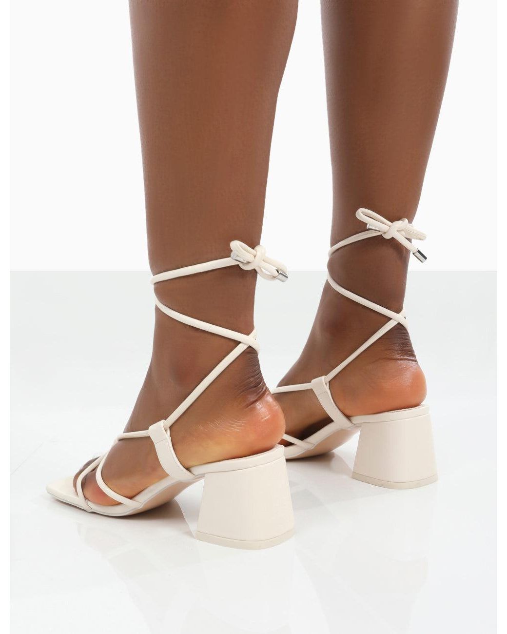 Public Desire Natural Aloha Wide Fit Ecru Lace Up Block Mid Heeled Sandals