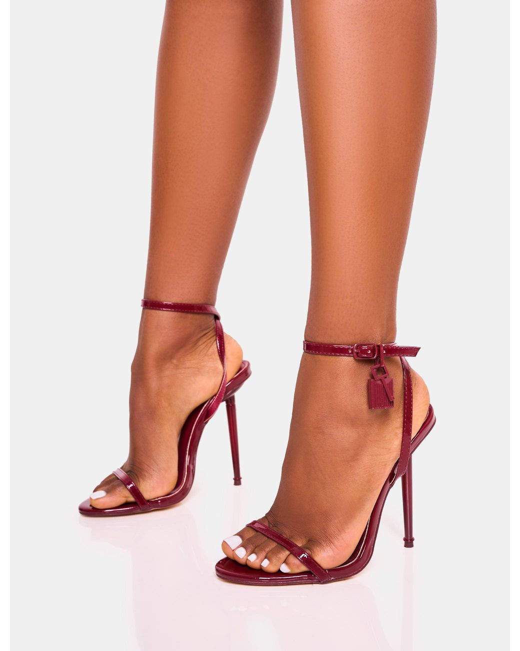 Public Desire Red Ti Amo Burgundy Pu Padlock Detail Barely There Pointed Toe Stiletto Heels