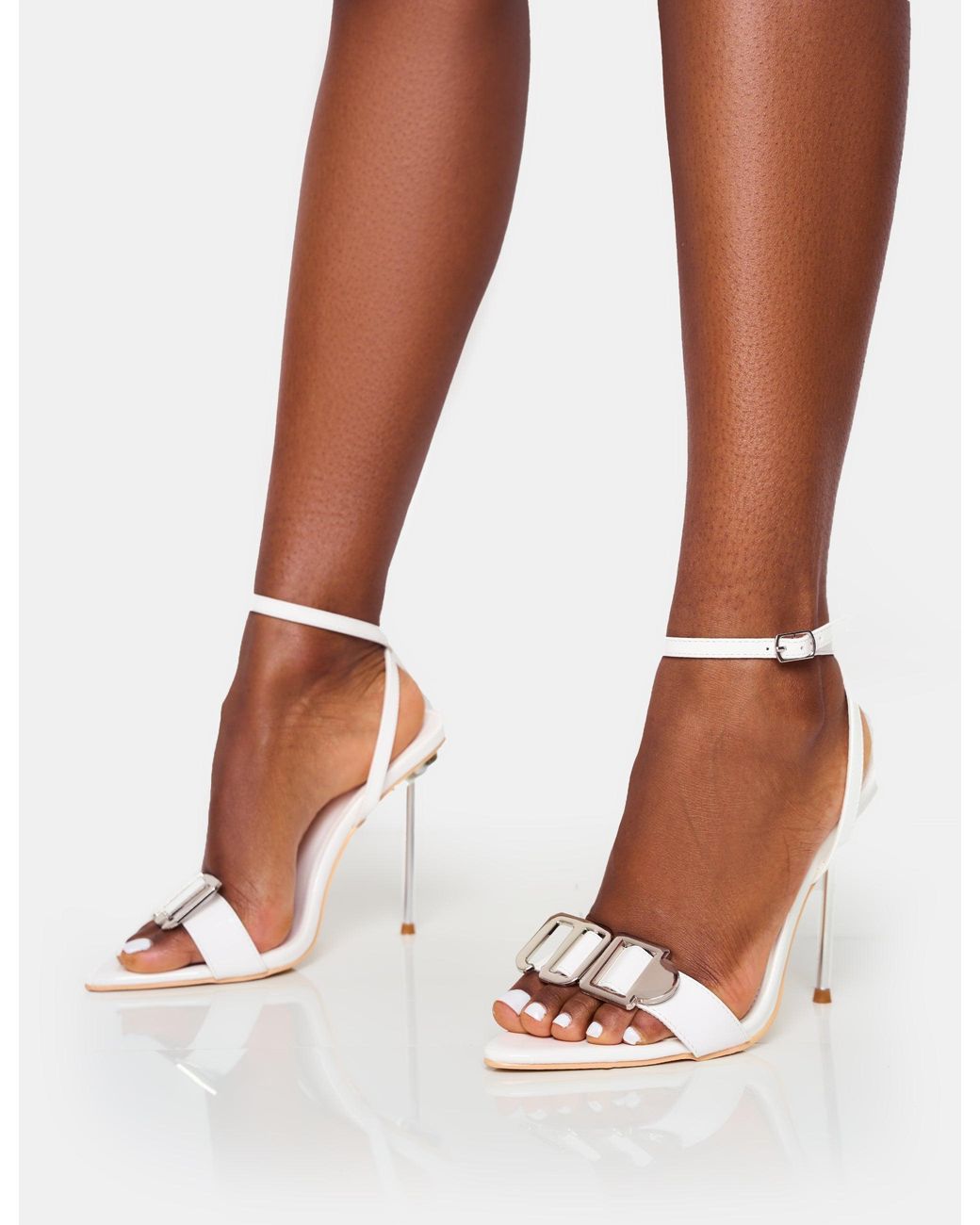 Public Desire Brown Socialite White Pu Buckle Detail Barely There High Heels